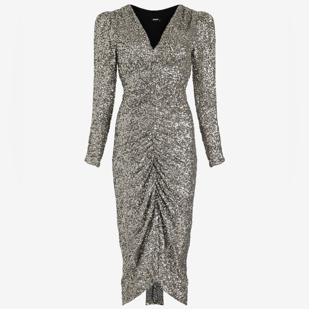 Express Sequin V-Neck Puff Sleeve Ruched Midi Sheath Dress - Medium! NWT!